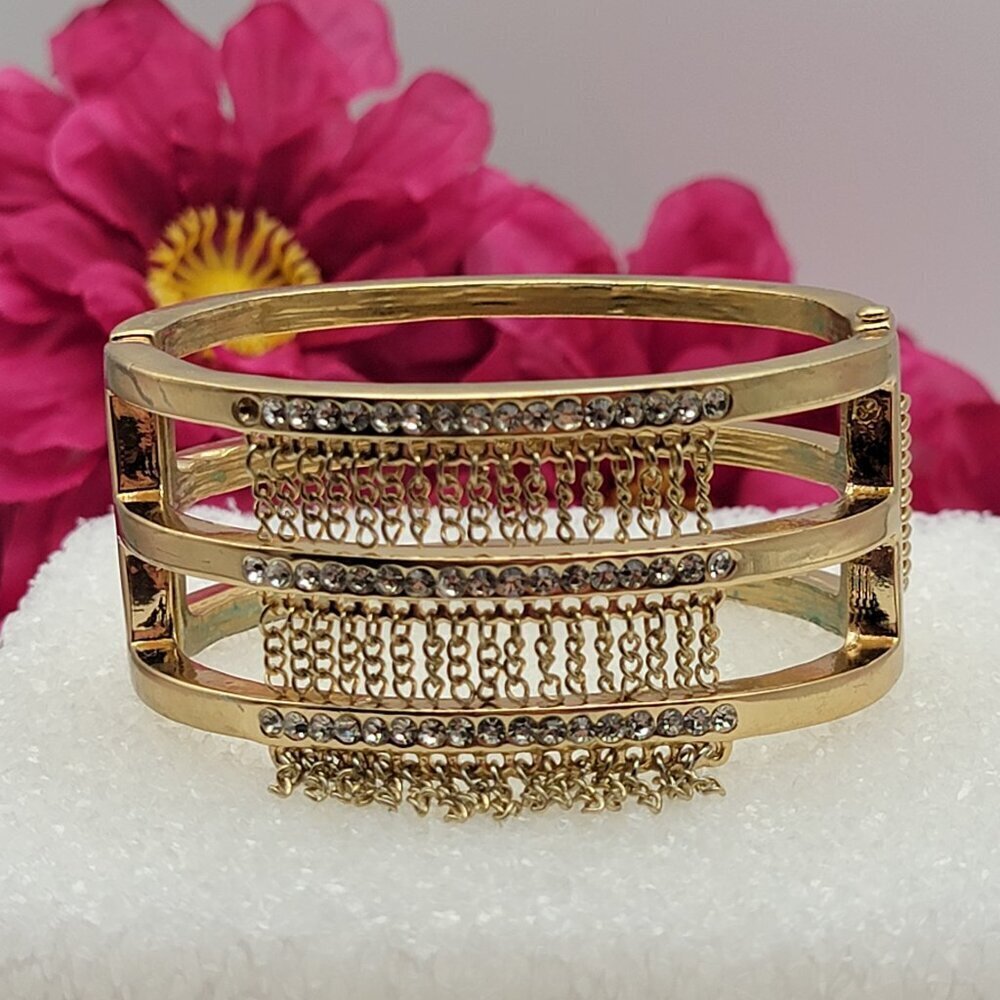 Nicole Miller JC Penney 10 Year Bracelet 6" Gold Tone Clear Crystal Oval Clamper